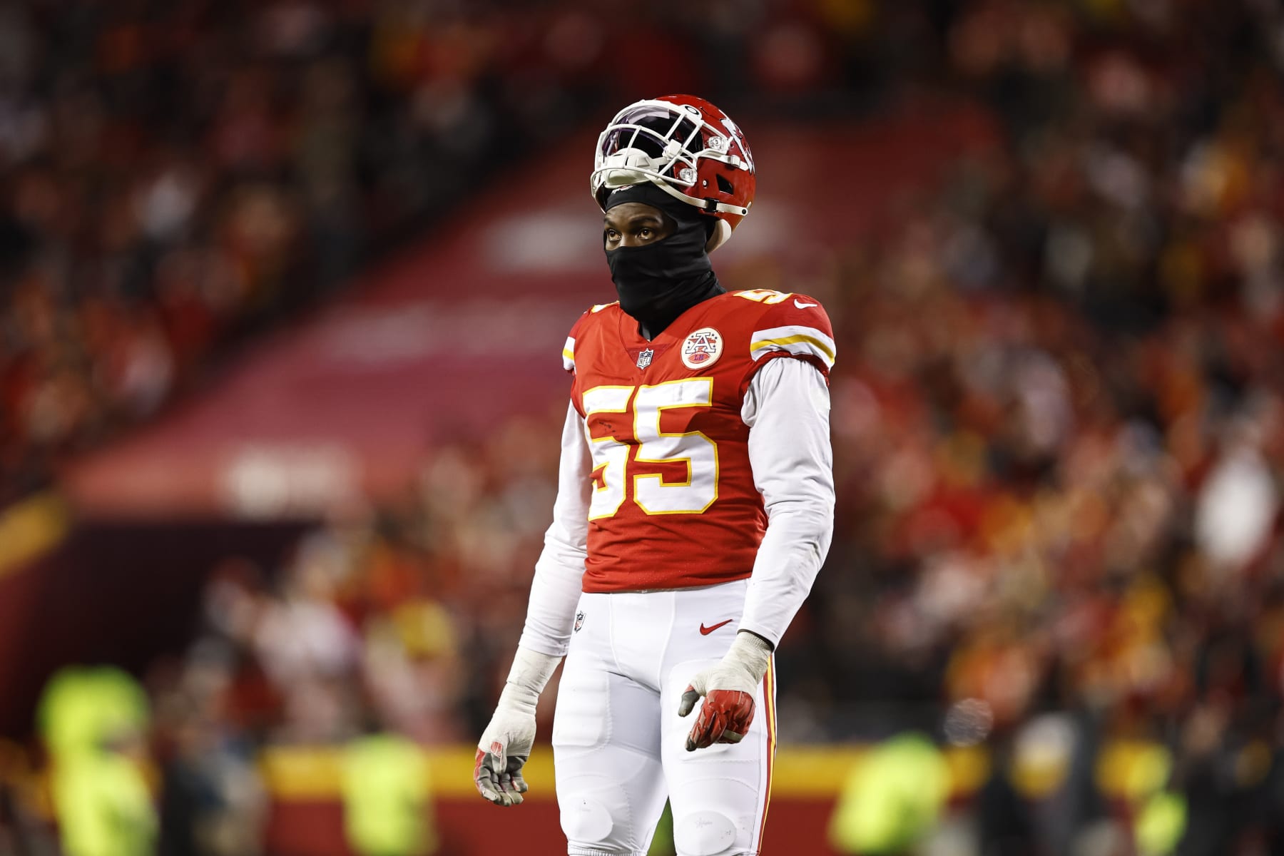 KANSAS CITY, MISSOURI - JANUARY 29: Frank Clark #55 of the Kansas City Chiefs looks on during the AFC Championship NFL football game between the Kansas City Chiefs and the Cincinnati Bengals at GEHA Field at Arrowhead Stadium on January 29, 2023 in Kansas City, Missouri. (Photo by Michael Owens/Getty Images)